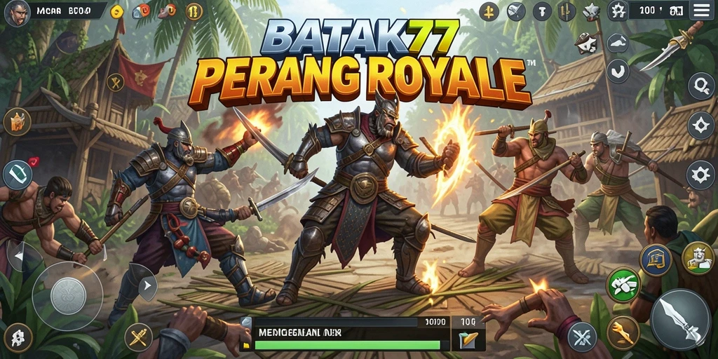 Screenshot gameplay menunjukkan aksi seru di BATIK77 dengan banyak pemain bertarung.