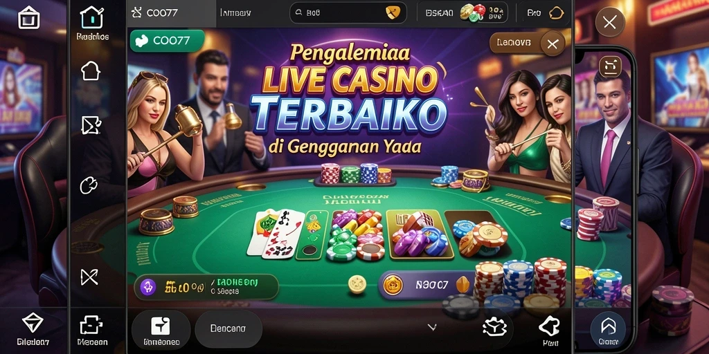 Screenshot gameplay COO77 dengan dealer langsung dan suasana kasino.