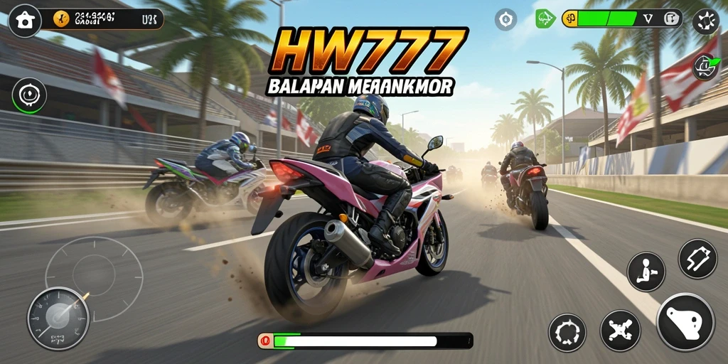 Tampilan gameplay HW777 memperlihatkan balapan motor yang mendebarkan.