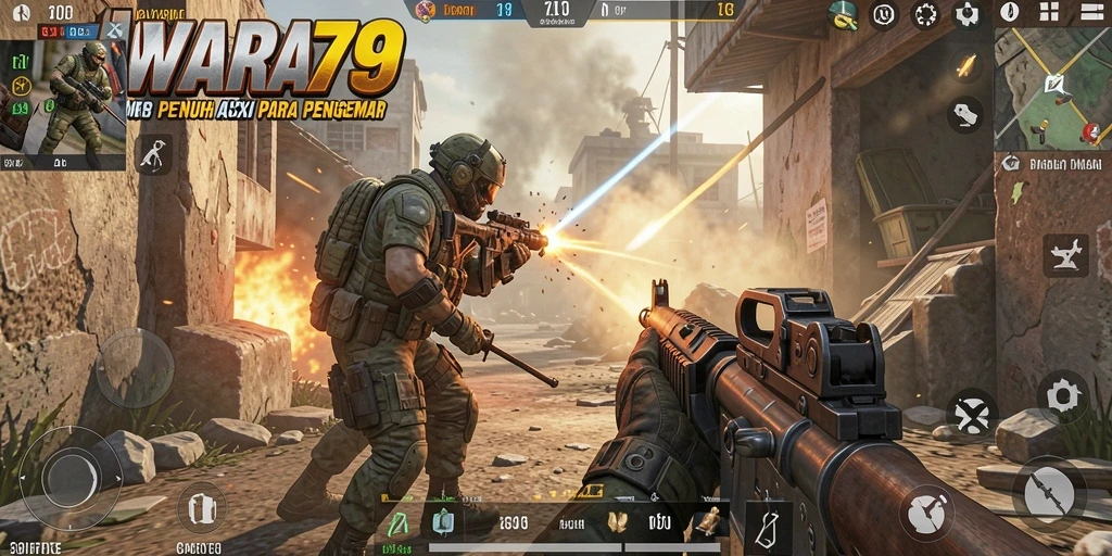 Screenshot gameplay JAWARA79 yang menunjukkan aksi FPS yang intens.