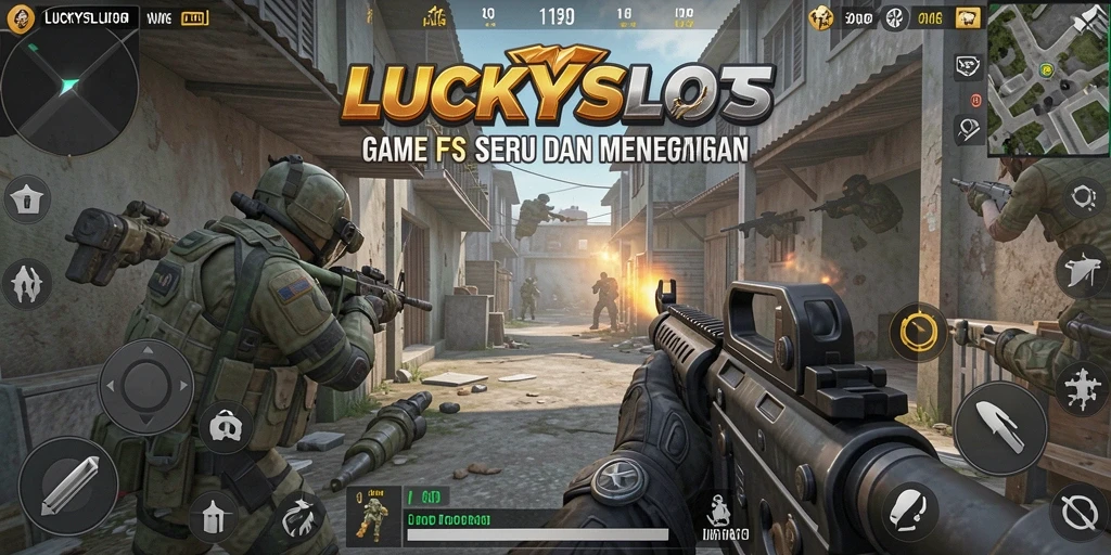 Tangkapan layar aksi intens LUCKYSLOTS dalam permainan FPS.